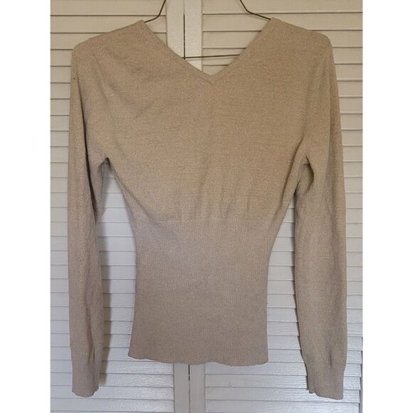 Cream V-Neck Cut Long Sleeve Sweater by Cache (M) - Picture 2 of 3